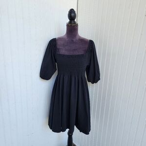 J. Crew Womens Smocked Puff-Sleeve 100% Cotton Dress Black Minimalist Smocked M